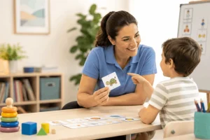 ABA therapist using picture cards to support communication skills with a child during a therapy session.
