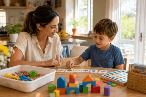 Parent and child doing an ABA therapy activity at home during the summer break