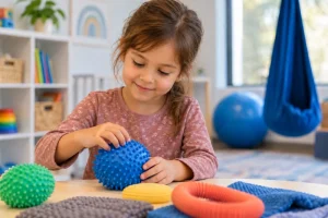 Girl exploring sensory toys in a calm playroom to support different sensory needs