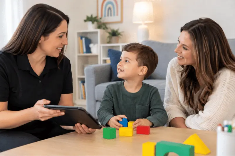 Parent and child meeting with an ABA therapist during a family training session at home.